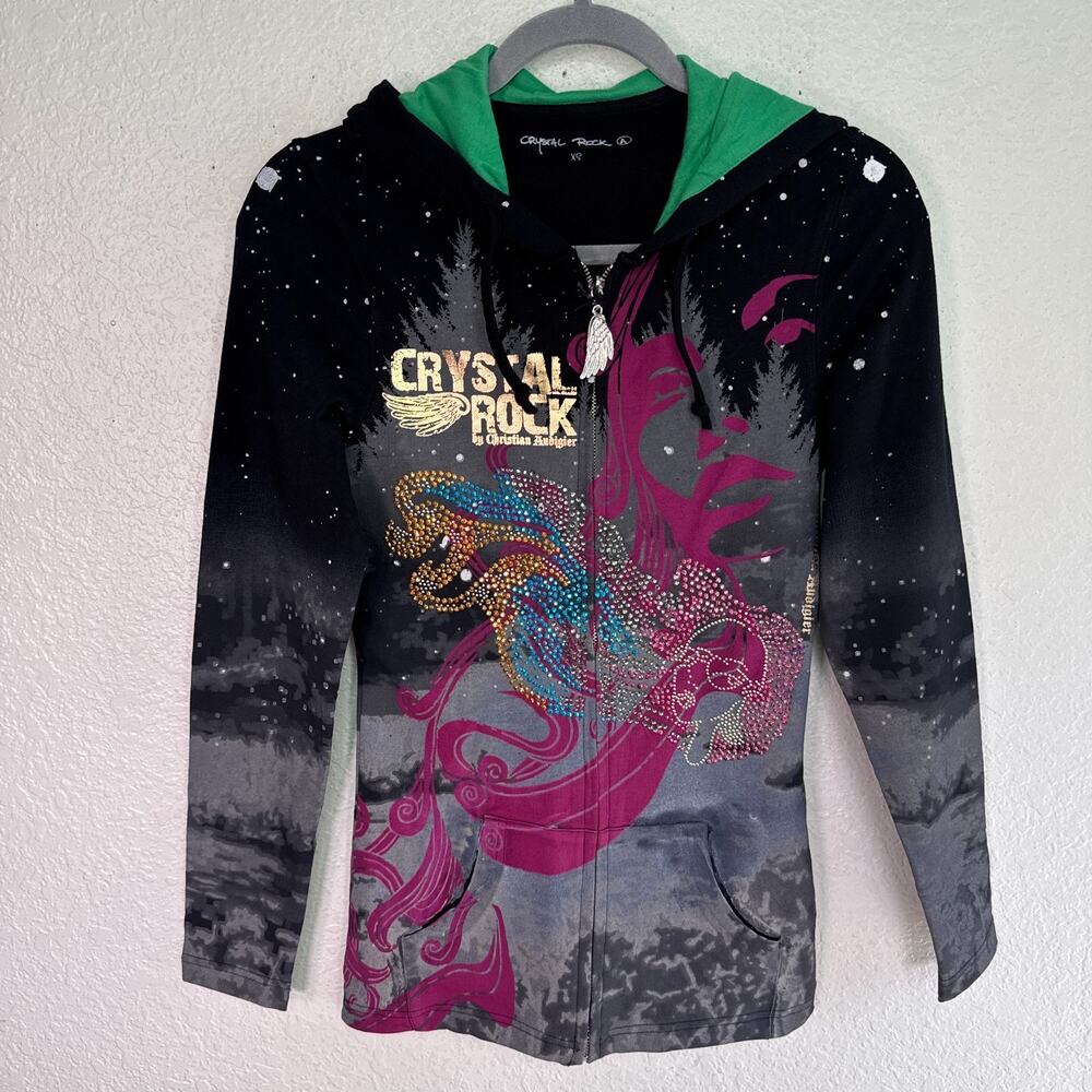 Christian Audigier Y2K Jacket Womens XS Crystal Rock Rhinestone Hair Hoodie NEW